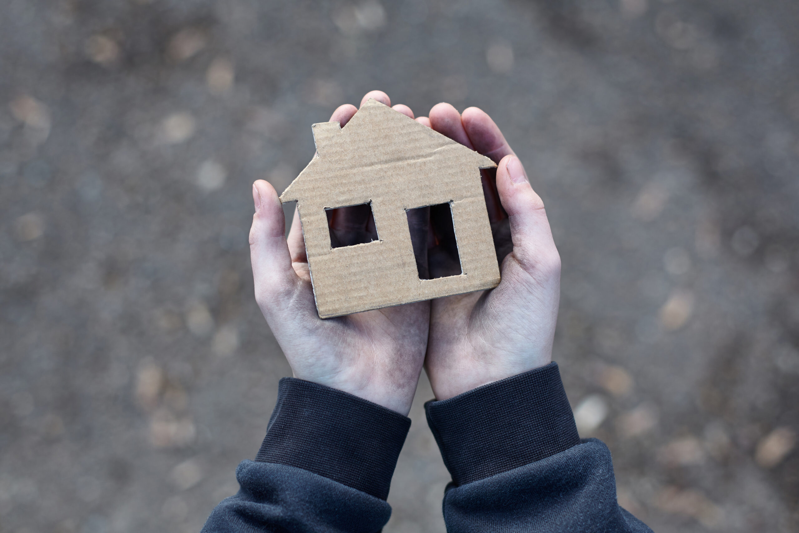 homeless boy holding a cardboard house