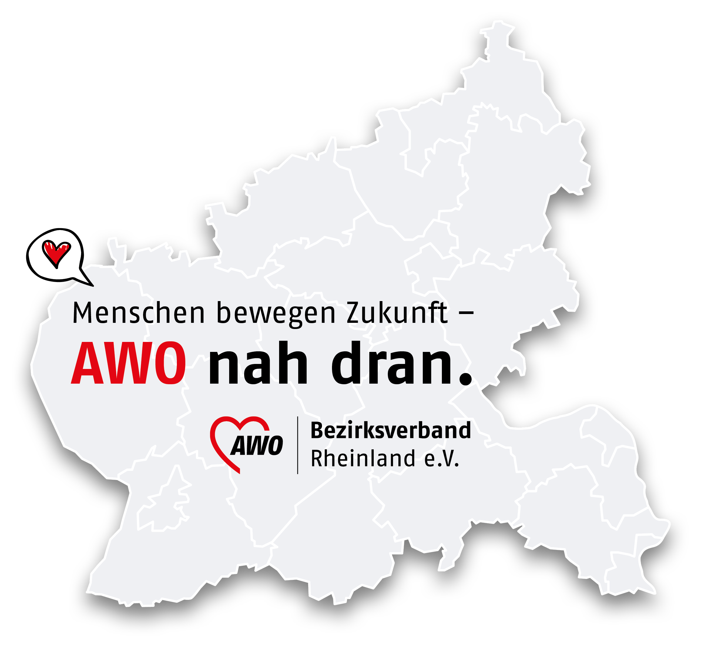 Kartenansicht des Einzugsgebiets der AWO Rheinland mit dem Schriftzug „Menschen bewegen Zukunft – AWO nah dran.“ und dem Logo des AWO Bezirksverbands Rheinland e. V.